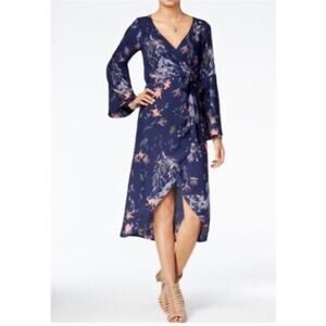 ROXY Drifting Seas Bell Sleeve Coral Tropical Floral Navy Blue Wrap Dress Large